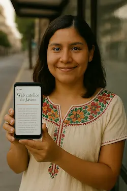 Joven en una parada de autobús leyendo en su móvil Web católico de Javier Joven en una parada de autobús leyendo en su móvil Web católico de Javier